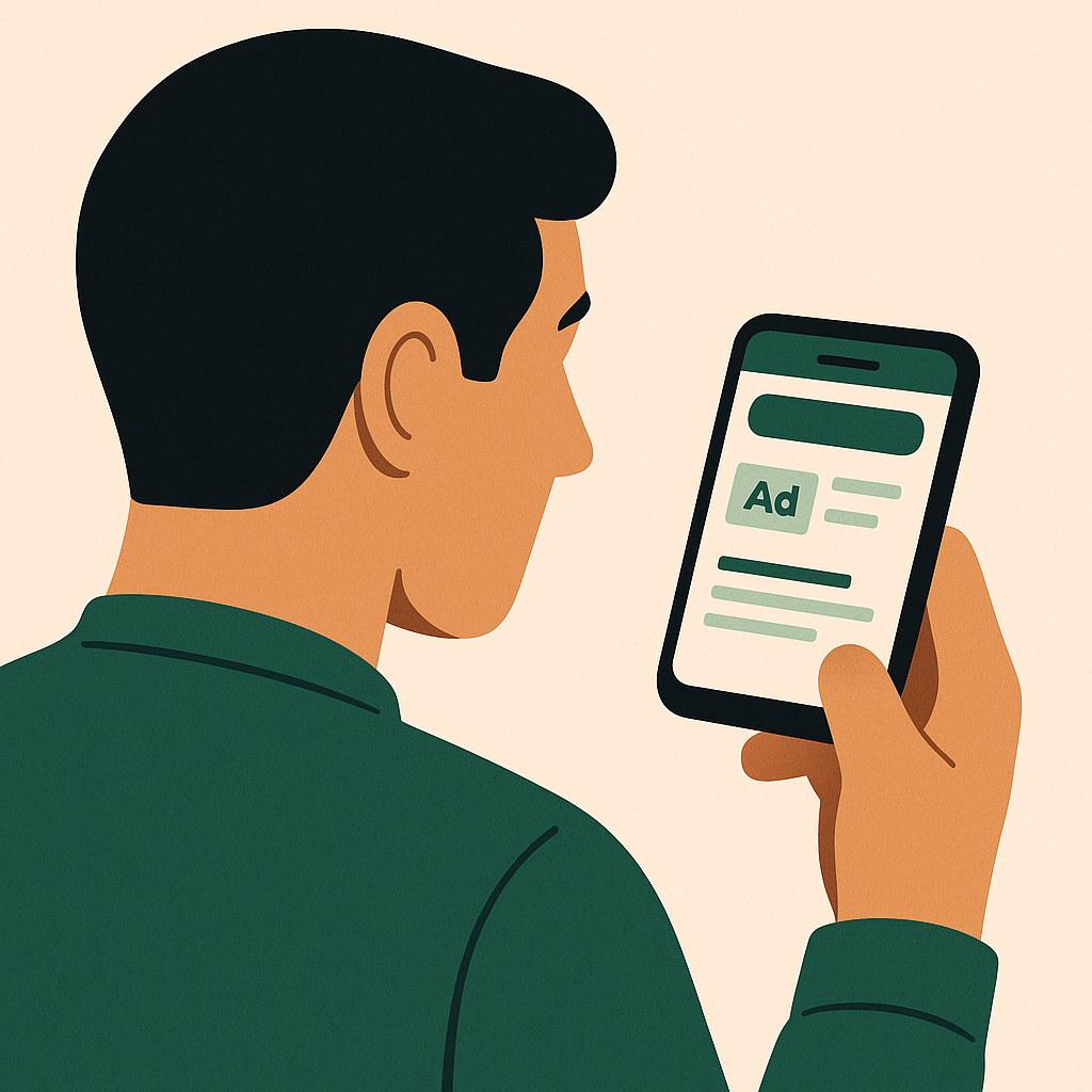 graphic image of a man looking at his phone with an ad